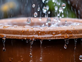 Close-up macro photograph of water droplets suspended above a textured terracotta clay container rim with ripples and reflections, outdoors over a blurred green foliage background