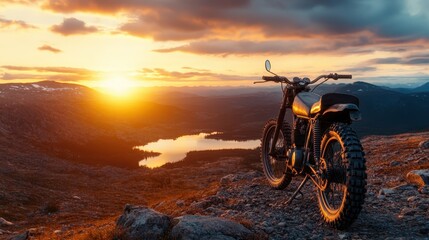 A striking motorcycle parked against a stunning backdrop of a sunset over rugged terrain, invoking a sense of adventure, freedom, and the allure of travel through nature's beauty.