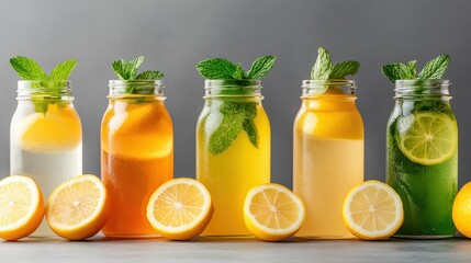 A vibrant array of refreshing beverages featuring citrus fruits and mint leaves, beautifully presented in jars, evoking a sense of summer and relaxation, perfect for hydration and enjoyment.