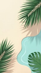 Obraz premium Tropical summer illustration with palm leaves, turquoise water on beige beach. Shadow overlay, minimal aesthetic design. Paradise vacation scene with pastel colors. Ideal background for cards,
