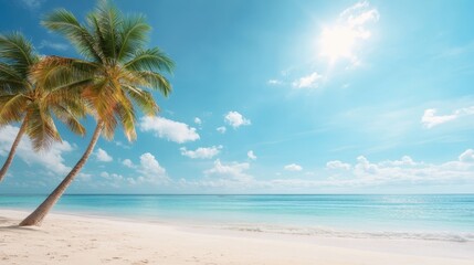 A picturesque scene of palm trees swaying gently in the breeze, framing a sunny beach view with crystal clear waters, invoking feelings of relaxation and tropical escape.