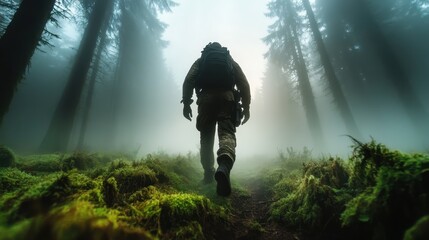 A lone soldier strides through a misty forest, embodying strength and bravery as he navigates challenging terrain, showcasing resilience amidst nature's quiet beauty.
