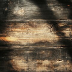 Close-up of aged rustic wooden planks with rich texture, prominent grain, knots, cracks and deep shadows showcasing warm earthy tones and weathered surface ideal for background design