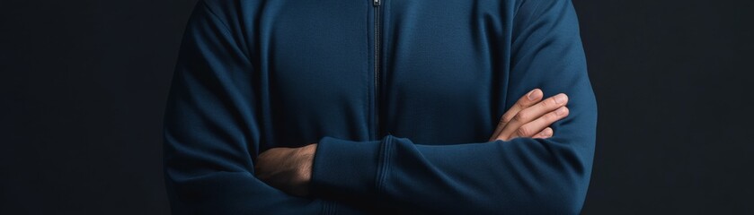 Close-up of Confident Person Wearing Dark Blue Zippered Jacket with Crossed Arms, Studio Background, Soft Lighting, Texture Details Emphasizing Fashion and Style, Ideal for Clothing