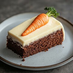 Close-Up of Delicious Rectangular Cake Slice with Creamy White Frosting and Decorative Carrot Topping on a Rustic Matte Plate, Set Against Dark Textured Background, Perfect for Food
