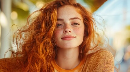Fototapeta premium A joyful portrait of a redheaded individual radiating warmth and positivity, showcasing natural beauty and self-acceptance in a soft, bright setting.