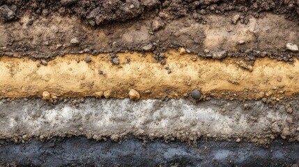 Close-up of Earth Soil Layers Showing Stratification in Natural Tones, Textured Geological Cross-section with Varied Colors and Materials, Revealing Sediment Composition and Soil