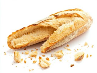 Close-Up of Halved Whole Wheat Bread Slice with Crusty Exterior and Fluffy Porous Interior, Scattered Crumbs on White Background, Ideal for Food Photography, Bakery Display and