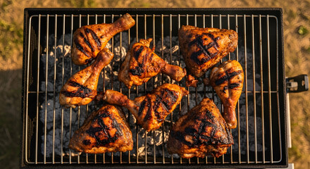 Grilled Chicken Pieces On A Barbecue Grill For A Summer Outdoor Picnic