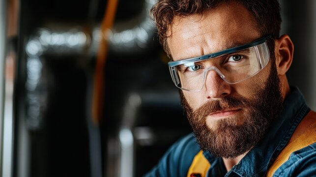 A determined male craftsman in safety goggles concentrates on his work, showcasing professionalism and commitment to safety in a modern workshop environment filled with equipment.