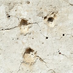 Close-up of weathered beige and cream textured concrete wall featuring three irregular holes with rough edges and exposed grainy interior, showcasing cracks and aging surface in