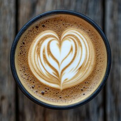 Close-up top-down view of a ceramic coffee mug with intricate white latte art heart design on rich dark coffee, set against a rustic wooden surface with warm earthy tones, soft