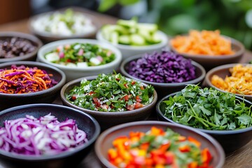A collection of small bowls filled with colorful salads showcases the diversity and creativity of food presentation at any event or dinner party.