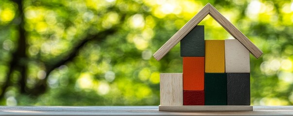 Colorful Wooden Block House with Pitched Roof in Natural Green and Yellow Foliage Background, Made of Varied Textures and Bright Colors, Cute Miniature Construction on Wooden Surface