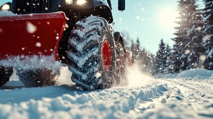 A powerful snowplow aggressively clears snow from winter roads, exemplifying functionality and utility in combating harsh weather, ensuring safe travel during snowstorms.