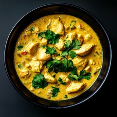 Creamy yellow meat curry in a sleek black ceramic bowl with fresh green herbs, overhead shot on dark reflective surface, highlighting textures and vibrant colors for appetizing food