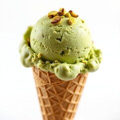 Pistachio ice cream scoop on a waffle cone. Delicious creamy dessert, refreshing summer treat. Nut topping isolated on white background. Sweet food concept.