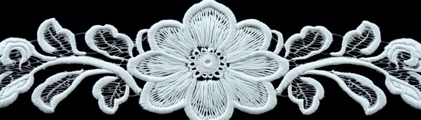 Elegant Monochrome Embroidered Lace Textile Close-up with Symmetrical Floral Design on Black Background, Showcasing Fine Fabric Pattern, Detailed Craftsmanship, Textile Sample for
