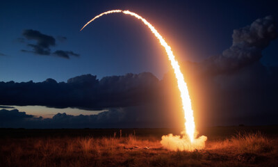 The Beautiful Fiery Arc of a Bottle Rocket Launching into the Twilight Sky