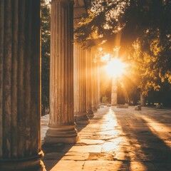 Elegant row of ancient classical stone columns with textured weathered surfaces and warm golden hues, set against lush green foliage and a stone-paved pathway, illuminated by dramatic