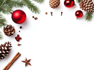 Festive Flat Lay Image of Bright Red Christmas Ornaments Baubles with Reflective Surfaces, Pine Cones Dusty with Snow, Cinnamon Sticks, Star Anise, Cloves, Green Pine Needles and