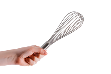 A hand holds a gleaming metal whisk against a black background, perfect for culinary websites or food-related designs.