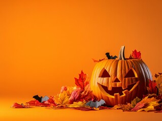 Festive Halloween Studio Still Life with Glowing Jack-o'-Lantern, Autumn Leaves, Bat Cutouts on Bright Orange Background for Seasonal Decor, Halloween Promotions and Autumn Festivities