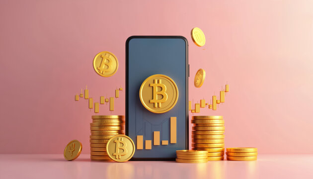 Digital illustration about cryptocurrency bitcoin market trends, financial analysis, investment, trading. Mobile phone with chart, coin stacks. Cryptocurrency concept. Bitcoin and crypto tech.