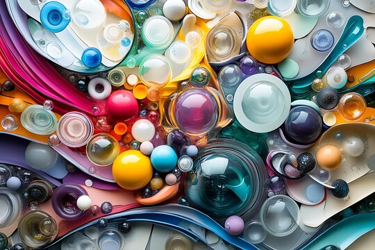 A colorful and abstract sculpture made of glass spheres, cubes, and squares arranged in organic shapes - Powered by Adobe