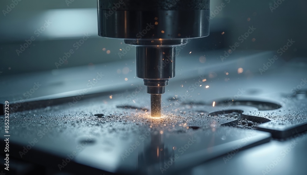 Poster CNC machine metalworking manufacturing process. Modern tech cutting metal sheet. Sparking effect from industrial equipment. Automation precision engineering. Digital design, production of components