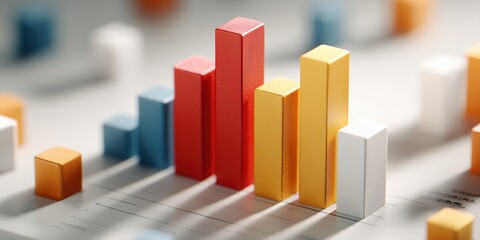 3D Bar Chart with Red, Blue, Yellow, Orange, and White Bars on Soft Grey Background with Shadows – Modern Data Visualization Illustration

