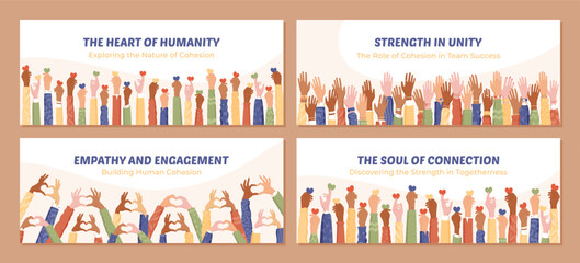 Flat colorful banner of a diverse community raising hands as a symbol of solidarity set. Representation teamwork, hope, and charity. Set raised hands promoting unity and volunteer values.