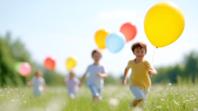 A joyful scene of children running in a sunny field. They hold colorful balloons, adding to the vibrant atmosphere. This image captures the essence of childhood and happiness. AI