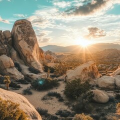Stunning desert landscape with rugged rock formations and Joshua trees under a dramatic sky at sunset, vibrant warm tones of orange and yellow illuminating the arid scene, distant