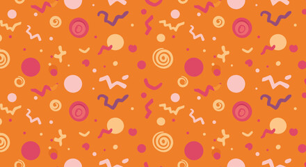 Whimsical retro pattern design with vibrant circles and abstract shapes on orange background