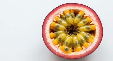 Close-Up of Fresh Passion Fruit Cut in Half Revealing Vibrant Seeds and Juicy Pulp on Light Background
