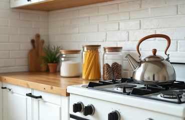 Modern white kitchen with wooden counter top. Glass jars with pasta and ingredients stand on wooden table. Stainless steel metallic teapot on gas stove. Modern kitchen design with nobody in room.