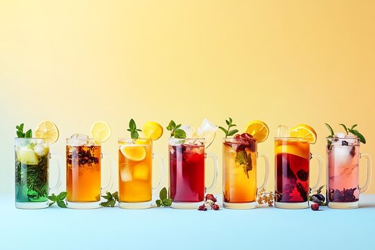 A colorful and vibrant image of various glasses filled with different types of tea, lemonade, or cocktail drinks arranged in the center on a blue background.