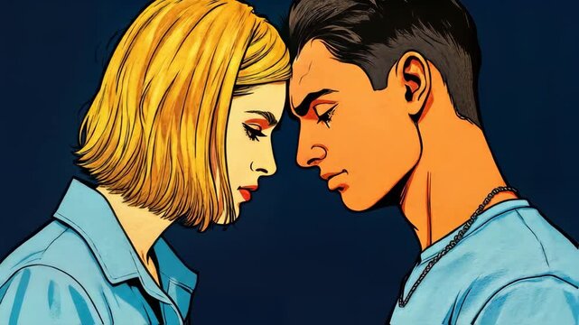 Man woman about to kiss graphics novel style 4k animation
