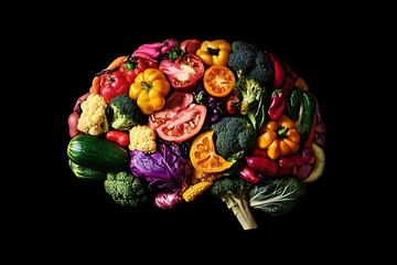 A colorful brain made of various vegetables, symbolizing the role of food in maintaining mental health.
