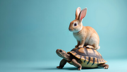 Charming rabbit sits on top of tortoise, blue background with copy space. Concepts teamwork, speed, race, cooperation, contrast, slow, fast. Metaphor fable partnership, ambition.