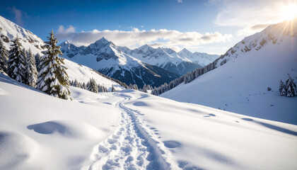 Fototapeta premium Serene winter landscape showcases narrow winding path through pristine white snow, surrounded by majestic mountains and evergreen trees under bright blue sky