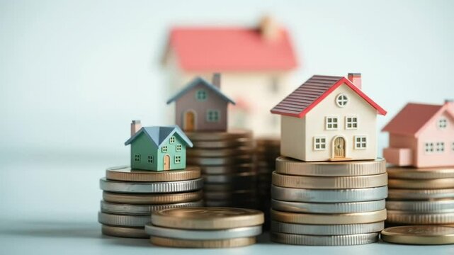 Mini house on a pile of coins, property investment, real estate market growth. The increasing pile reflects the increasing value of home ownership. 4k video