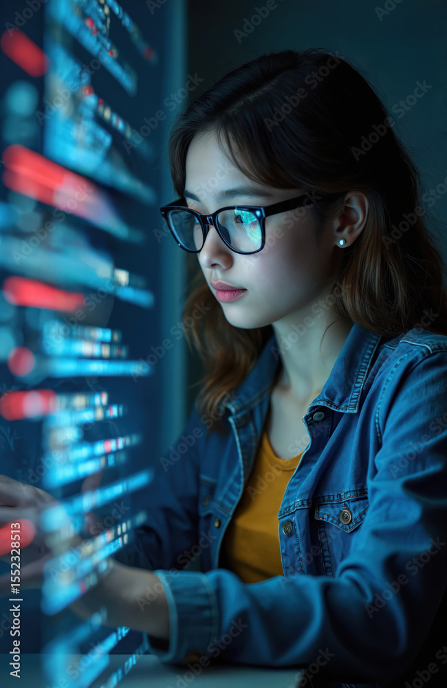 Aufkleber Young woman looks at advanced code on computer screen. Female coder, programmer, developer focused on work. She is wearing glasses. Code, technology, innovation. Modern digital cyberspace.