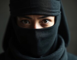 Naklejka premium Mysterious ninja portrait with intense gaze. Dark dramatic lighting creates secretive atmosphere. Photo features person in black headwear costume with focused face expression, evoking mood of