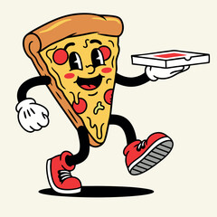 Retro Cartoon Character Pizza Man Running with Takeout Food Box