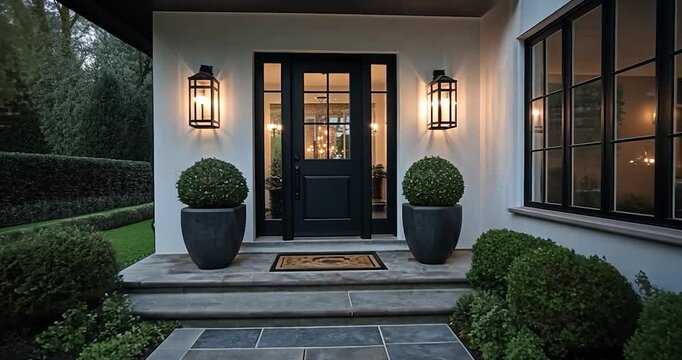 Exterior view of a modern house at dusk featuring illuminated front entrance with lantern lights symmetrical landscaping and manicured bushes - Powered by Adobe
