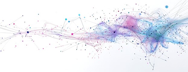 A colorful, dynamic network of lines and dots representing connections between different educational institutions on a white background.