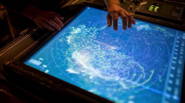 In the ships navigation room a captain leans over a glowing digital screen displaying a grid of nautical charts tapping coordinates into a touchscreen interface while surrounded by