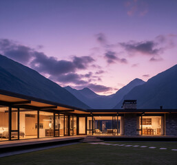 Modern luxury home in a scenic mountain setting at dusk.